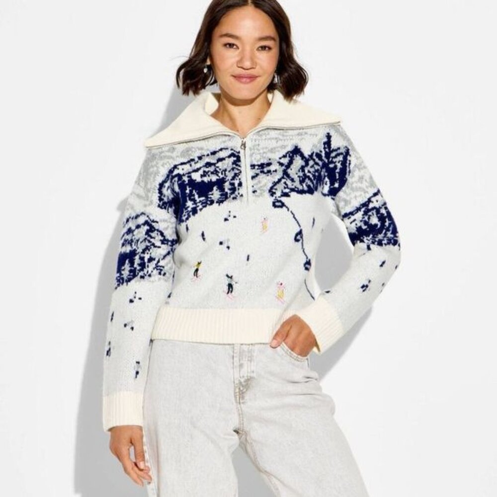 Wild Fable - Women's Polo Collar Quarter Zip Novelty Pullover S Off-White